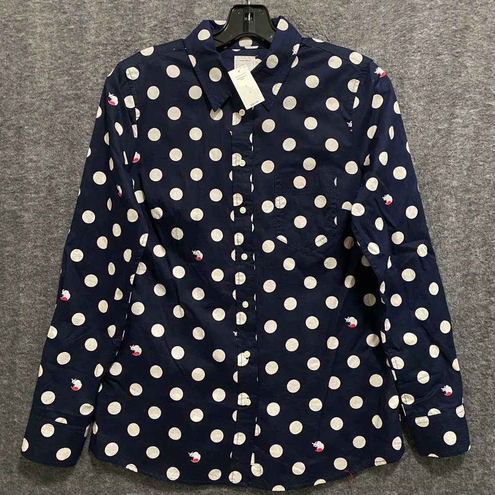 NWT Gap Fitted Boyfriend Shirt Womens S Navy Blue Polka Dot Fox Cotton Button Up